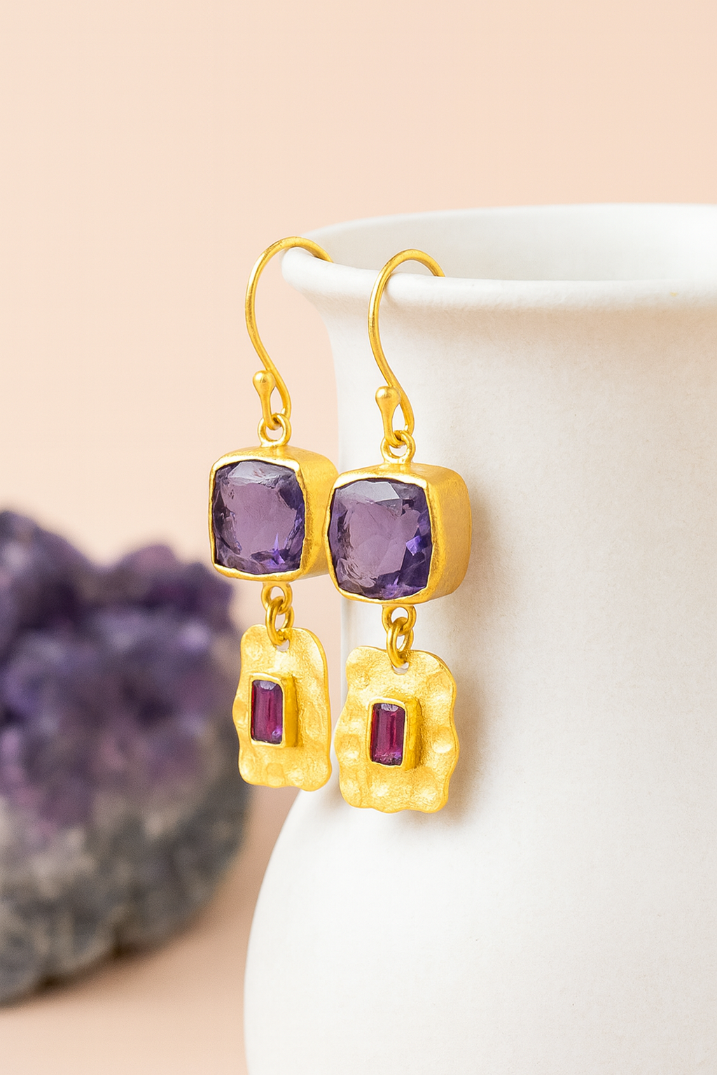 Pendientes GODDESS Amatista bruta y Amatista lapidada